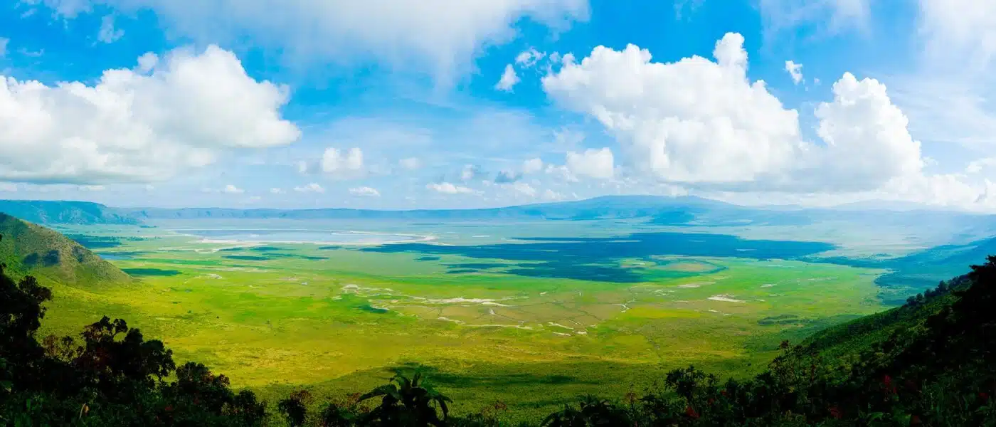 Ngorongoro Crater floor seen from the rim in golden light