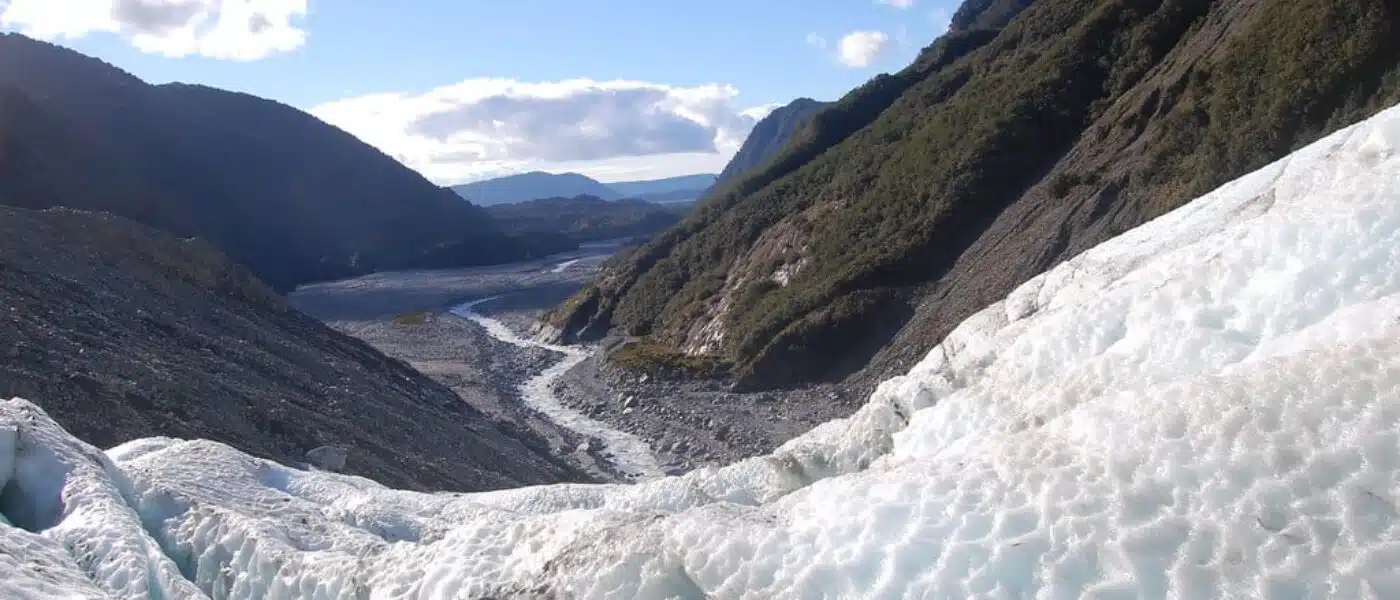 Ice towers and water channels on the surface of Franz Josef Glacier