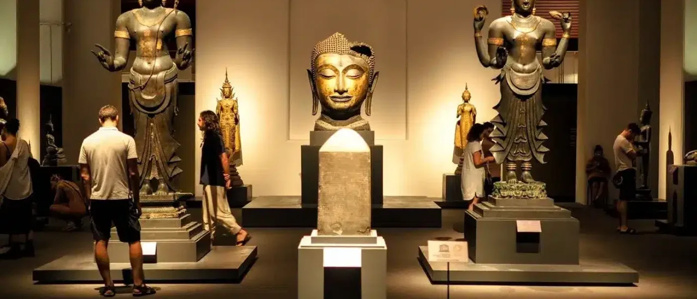 Sukhothai and Ayutthaya Buddha images side by side in a gallery