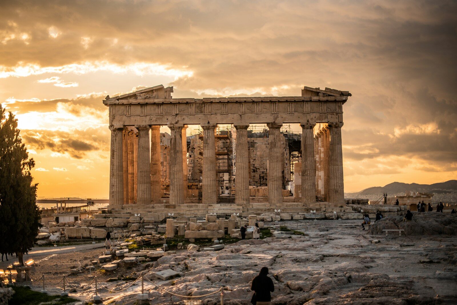 Acropolis and Parthenon lit at dusk seen from central Athens