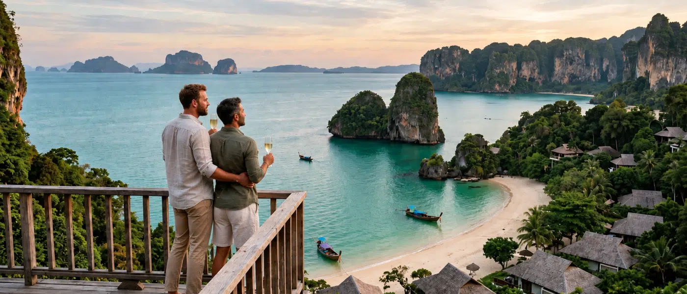 gay couple - thailand - terrace beach view