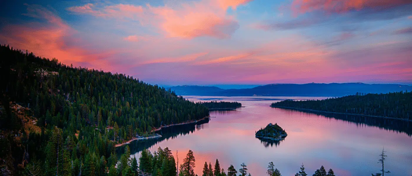 Sierra Nevada peaks ringing the deep blue of Lake Tahoe