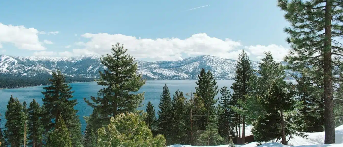 Lakeside lodge terrace at sunset on Lake Tahoe
