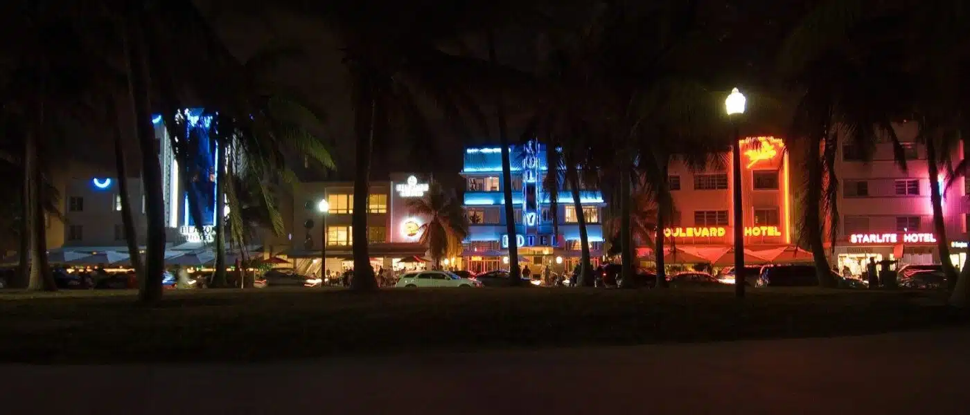 Geometric Art Deco detailing glowing under neon on Collins Avenue
