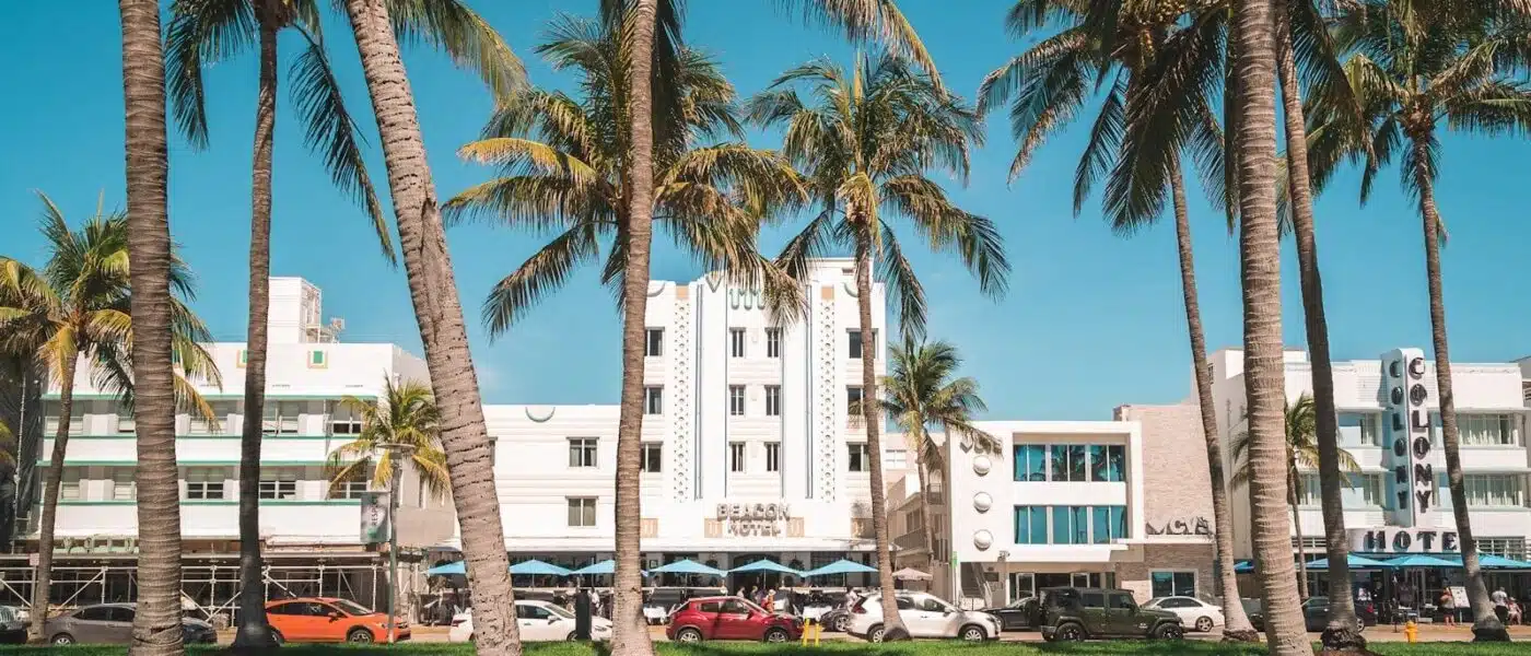 Historic hotel lobby with terrazzo floors in Miami Beach
