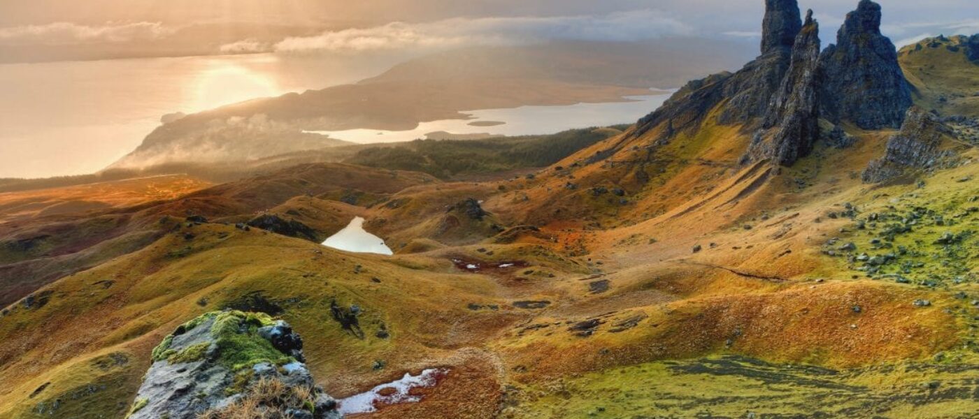 Old stone-lined estate track crossing Highland moorland