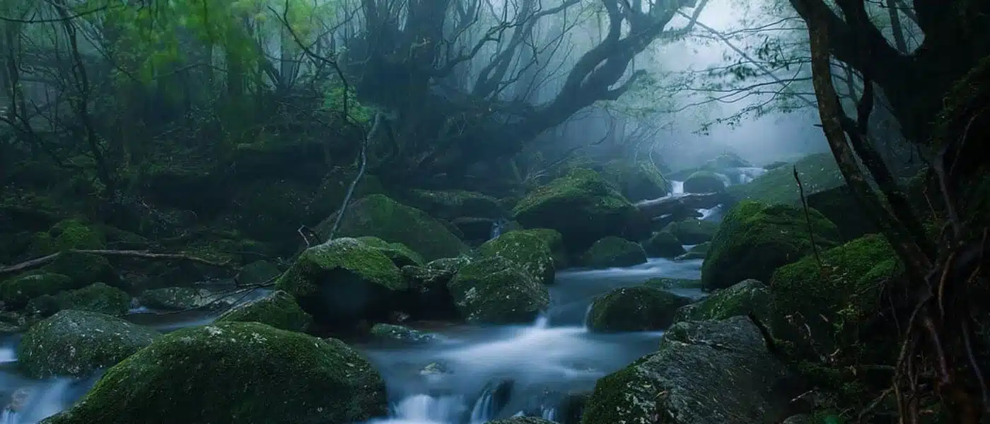 Dim, humid forest interior with moss on every surface on Yakushima