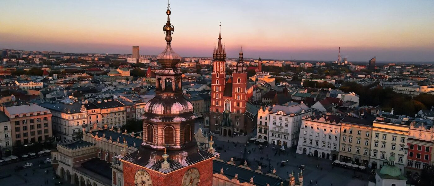 a large city with a clock tower