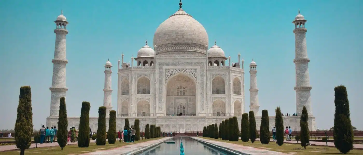 The Taj Mahal emerging through morning haze above the Yamuna
