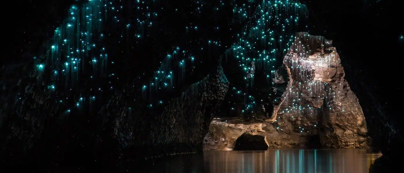 Glowworm lights reflected in a still cave pool